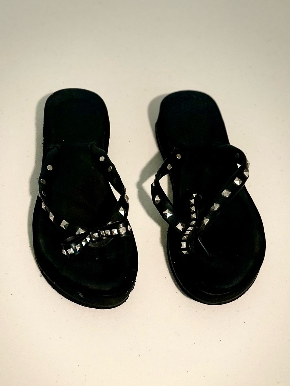 BCBGeneration Y2K Women's Black Studded Thong Wedge Sandals Slip On Size 10.5